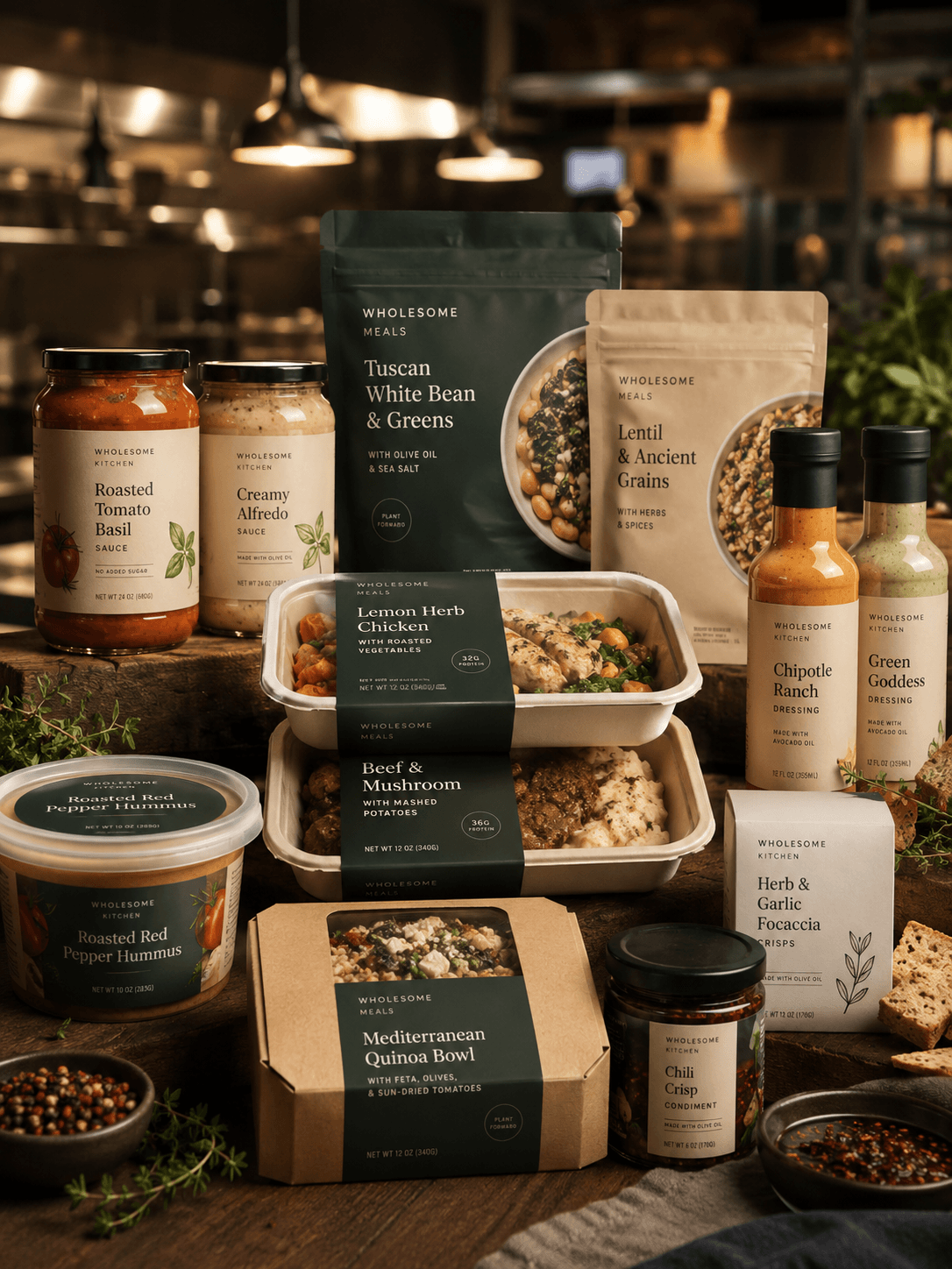 Lineup of packaged prepared-food products including sauces, meals, and dressings