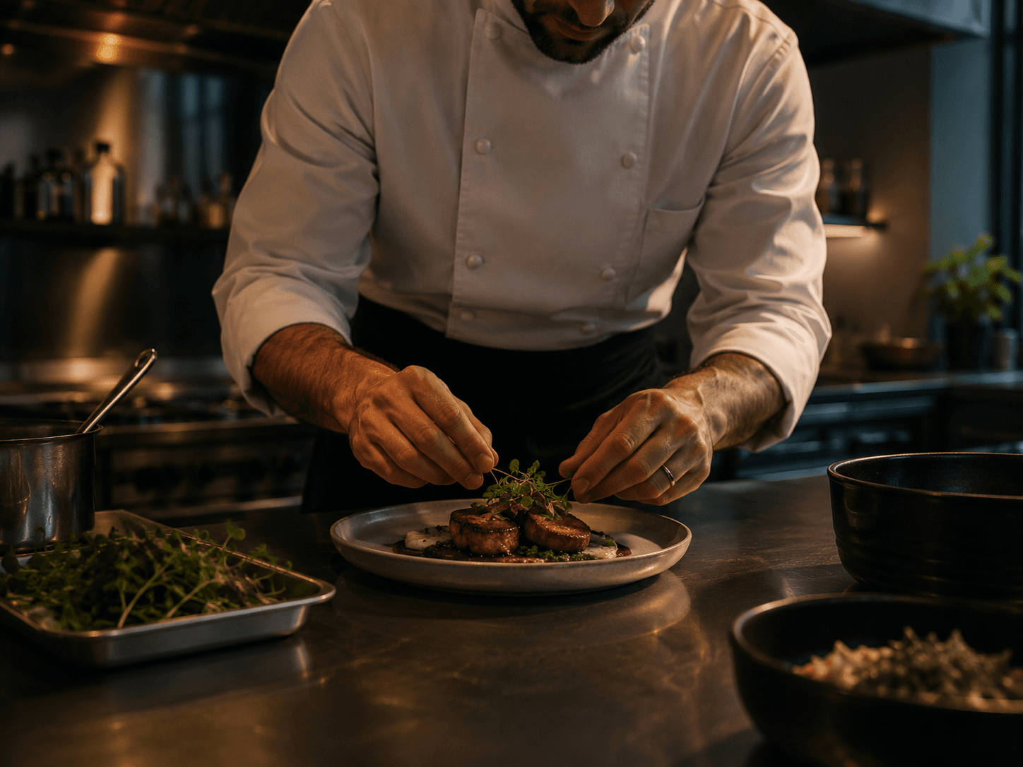 Private chef plating a finished dish in the kitchen