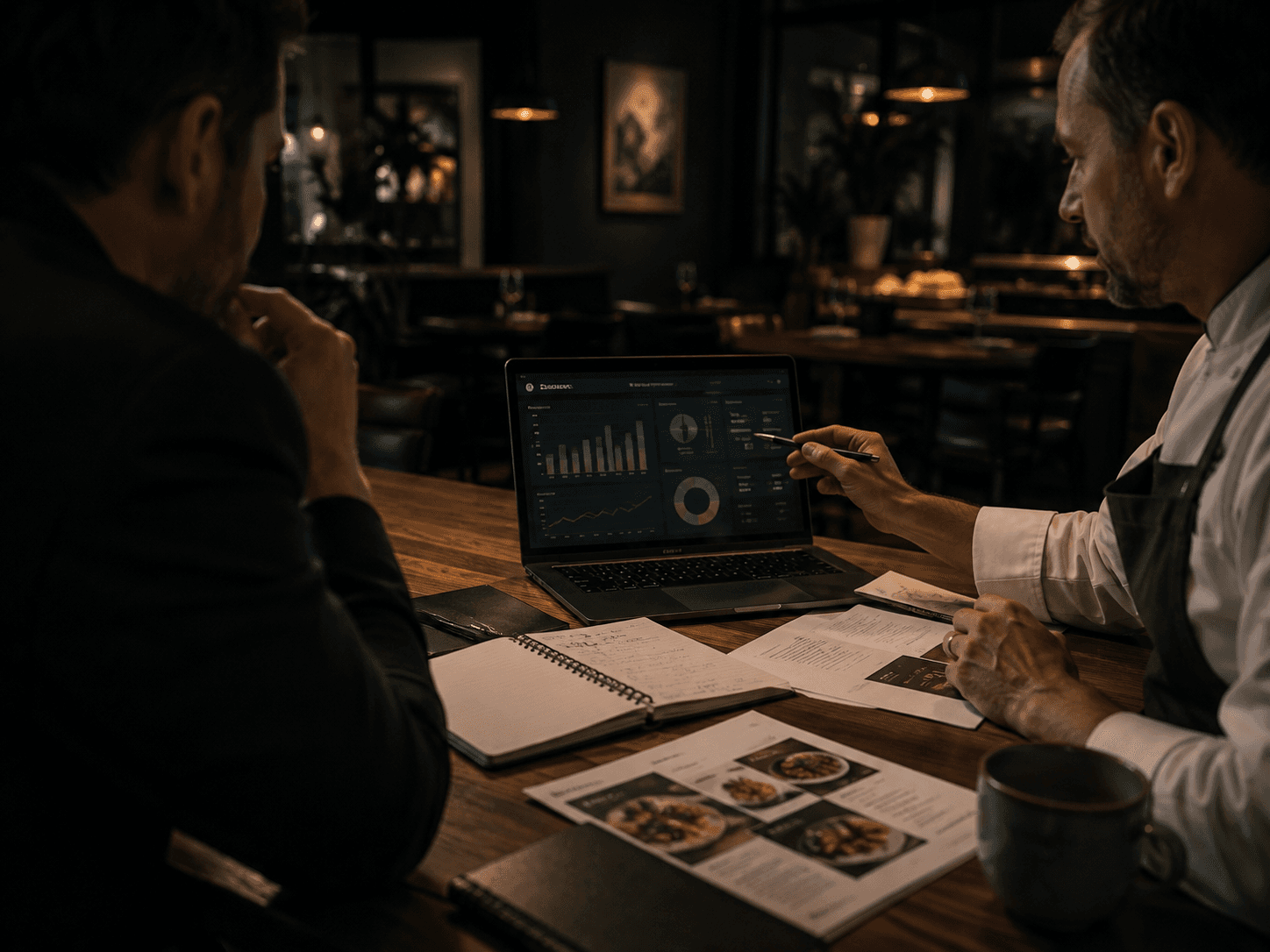 Two operators reviewing restaurant performance data on a laptop