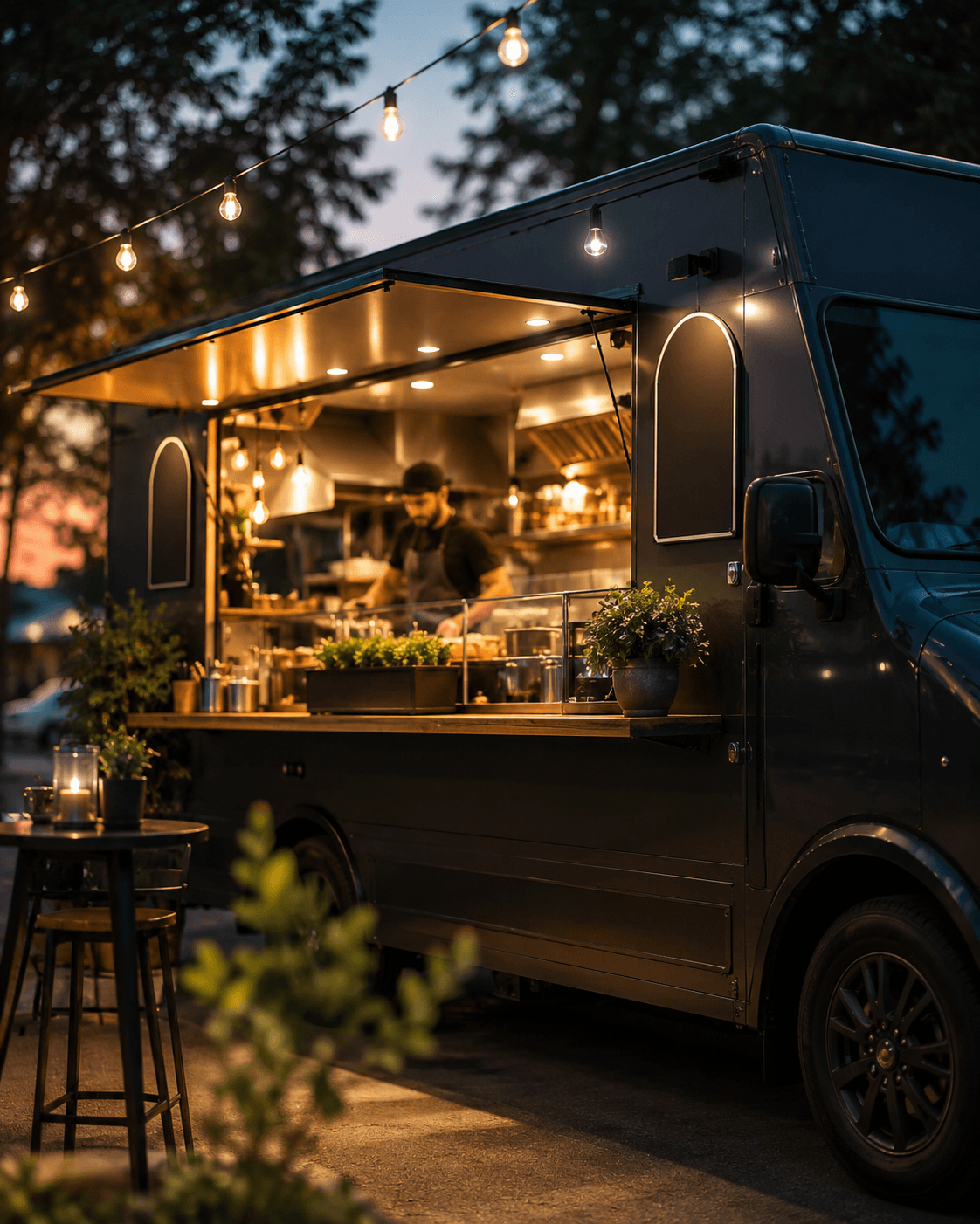Food truck serving customers at dusk with string lights overhead